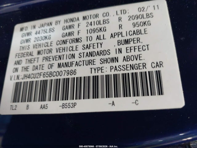 2011 Acura Tsx 2.4 მანქანა იყიდება აუქციონზე, vin: JH4CU2F65BC007986, აუქციონის ნომერი: 45578066