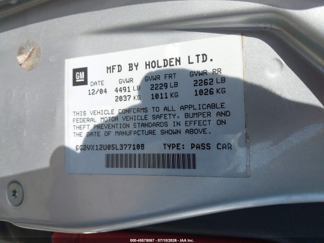 2005 Pontiac Gto მანქანა იყიდება აუქციონზე, vin: 6G2VX12U05L377108, აუქციონის ნომერი: 45578067