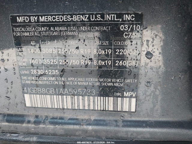 2010 Mercedes-benz Ml 350 4matic მანქანა იყიდება აუქციონზე, vin: 4JGBB8GB1AA595733, აუქციონის ნომერი: 45578078