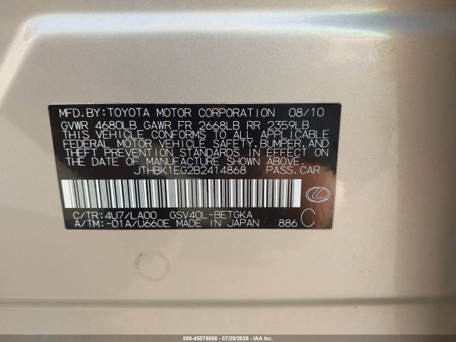 45578086 :رقم المزاد ، JTHBK1EG2B2414868 vin ، 2011 Lexus Es 350 مزاد بيع