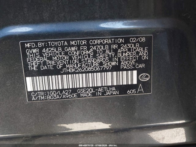 Продажа на аукционе авто 2008 Lexus Is 250, vin: JTHBK262085067797, номер лота: 45578120