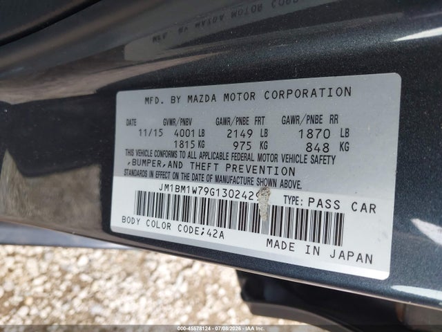 45578124 :رقم المزاد ، JM1BM1W79G1302429 vin ، 2016 Mazda Mazda3 I Touring مزاد بيع