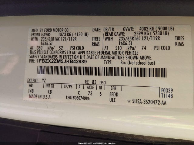1FBZX2ZM5JKB42889 Ford Transit-350 Xl
