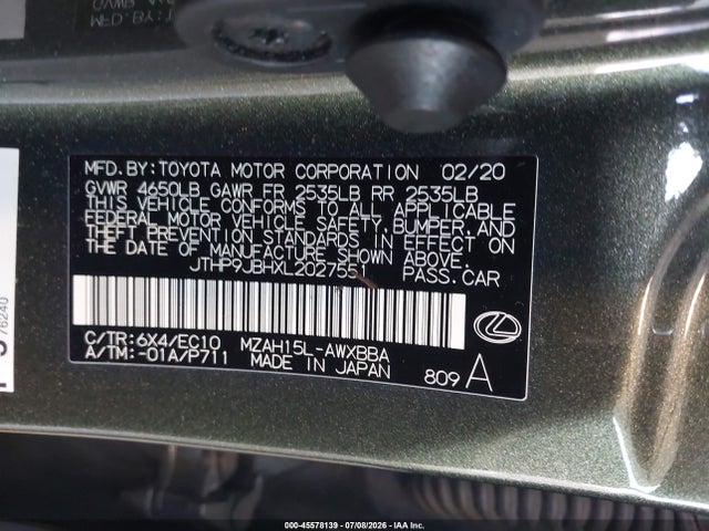45578139 :رقم المزاد ، JTHP9JBHXL2027551 vin ، 2020 Lexus Ux 250h مزاد بيع