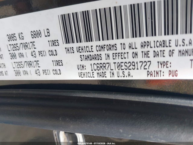 45578149 :رقم المزاد ، 1C6RR7LT0ES291727 vin ، 2014 Ram 1500 Outdoorsman مزاد بيع