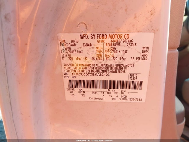 45578150 :رقم المزاد ، 1FMCU0D7XBKA63103 vin ، 2011 Ford Escape Xlt مزاد بيع