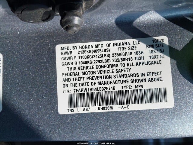 7FARW1H54LE025716 Honda Cr-v 2wd Ex