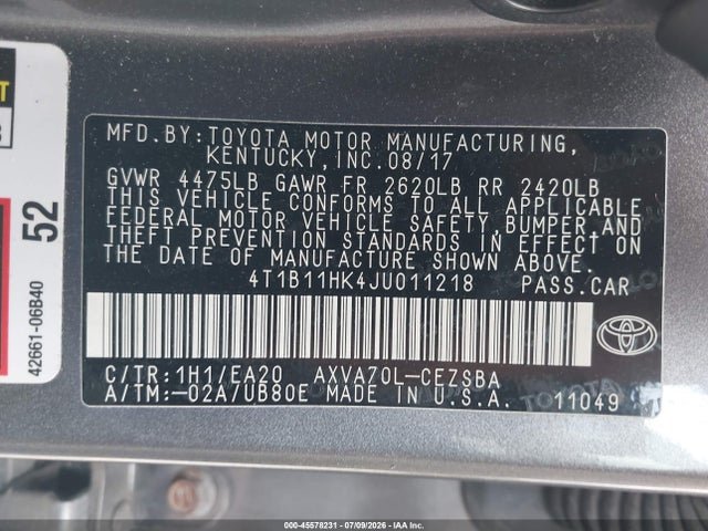 45578231 :رقم المزاد ، 4T1B11HK4JU011218 vin ، 2018 Toyota Camry Se مزاد بيع