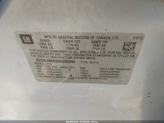 45578239 :رقم المزاد ، 2GKALMEK9D6255244 vin ، 2013 Gmc Terrain Sle-1 مزاد بيع