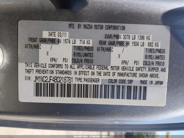 45578243 :رقم المزاد ، JM1NC2JF4B0218781 vin ، 2011 Mazda Mx-5 Miata Sport مزاد بيع