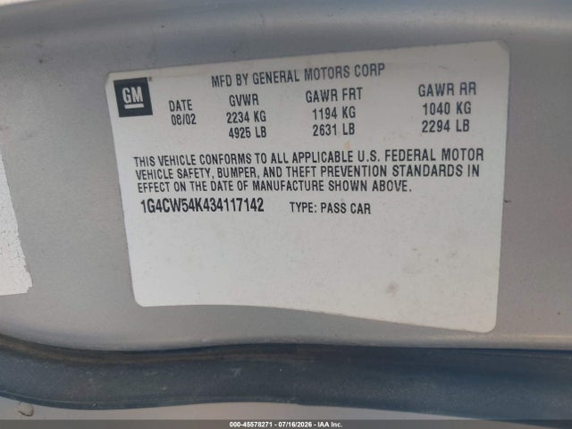 Aukcja sprzedaży 2003 Buick Park Avenue, vin: 1G4CW54K434117142, numer aukcji: 45578271