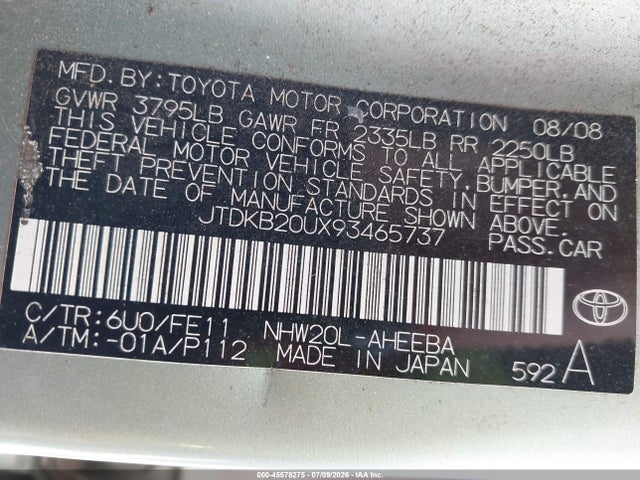 Продаж на аукціоні авто 2009 Toyota Prius, vin: JTDKB20UX93465737, номер лоту: 45578275