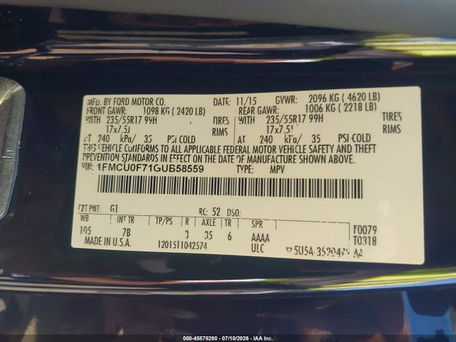 Aukcja sprzedaży 2016 Ford Escape S, vin: 1FMCU0F71GUB58559, numer aukcji: 45578280