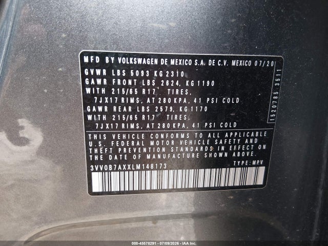 45578291 :رقم المزاد ، 3VV0B7AXXLM148173 vin ، 2020 Volkswagen Tiguan 2.0t S مزاد بيع