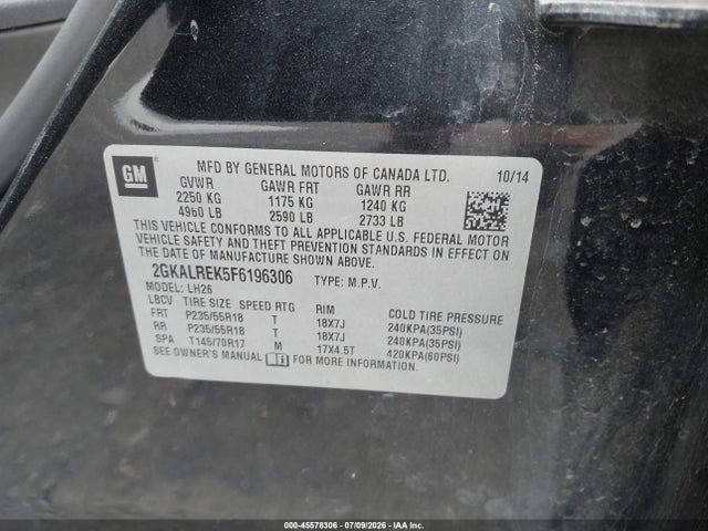 Aukcja sprzedaży 2015 Gmc Terrain Sle-2, vin: 2GKALREK5F6196306, numer aukcji: 45578306