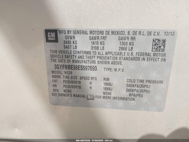 45578336 :رقم المزاد ، 3GYFNBE38ES597693 vin ، 2014 Cadillac Srx Luxury Collection مزاد بيع