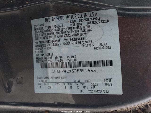 45578351 :رقم المزاد ، 1FAFP42X53F341585 vin ، 2003 Ford Mustang Gt مزاد بيع