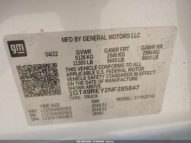 45578355 :رقم المزاد ، 1GT49REY2NF285847 vin ، 2022 Gmc Sierra 2500hd 4wd  Standard Bed Denali مزاد بيع