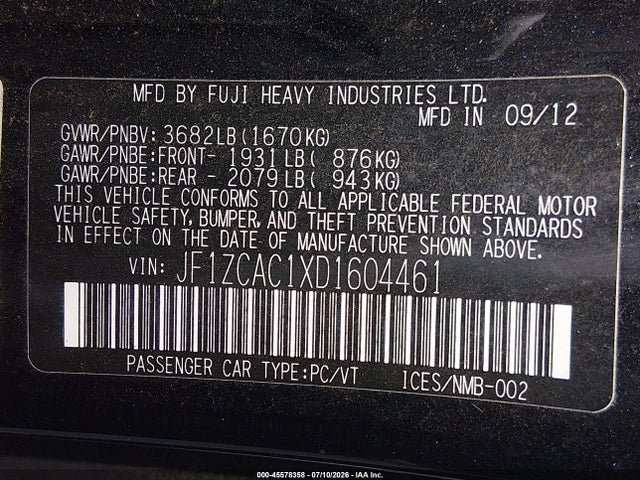Продаж на аукціоні авто 2013 Subaru Brz Limited, vin: JF1ZCAC1XD1604461, номер лоту: 45578358