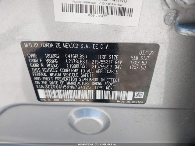Продажа на аукционе авто 2022 Honda Hr-v Awd Ex, vin: 3CZRU6H5XNM764175, номер лота: 45578369