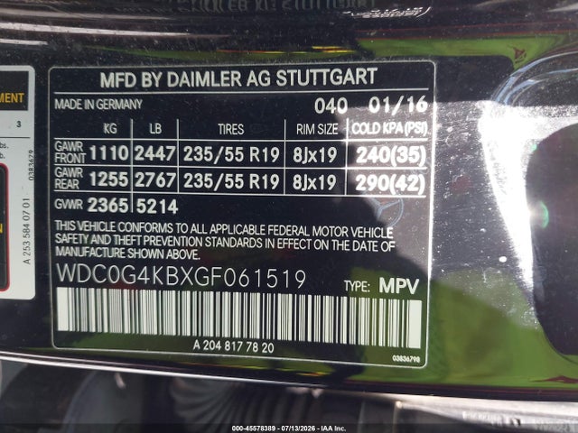 45578389 :رقم المزاد ، WDC0G4KBXGF061519 vin ، 2016 Mercedes-benz Glc 300 4matic مزاد بيع