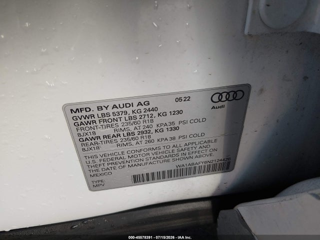 2022 Audi Q5 Premium 40 Tfsi Quattro S Tronic მანქანა იყიდება აუქციონზე, vin: WA1ABAFY6N2124426, აუქციონის ნომერი: 45578391