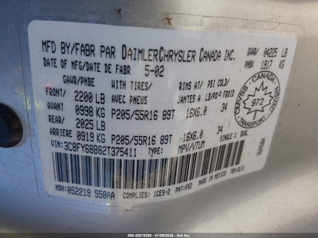 Продаж на аукціоні авто 2002 Chrysler Pt Cruiser Limited, vin: 3C8FY68B82T375411, номер лоту: 45578398