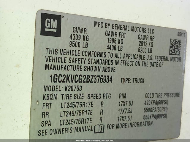 Auction sale of the 2011 Chevrolet Silverado 2500hd Work Truck, vin: 1GC2KVCG2BZ376934, lot number: 45578404