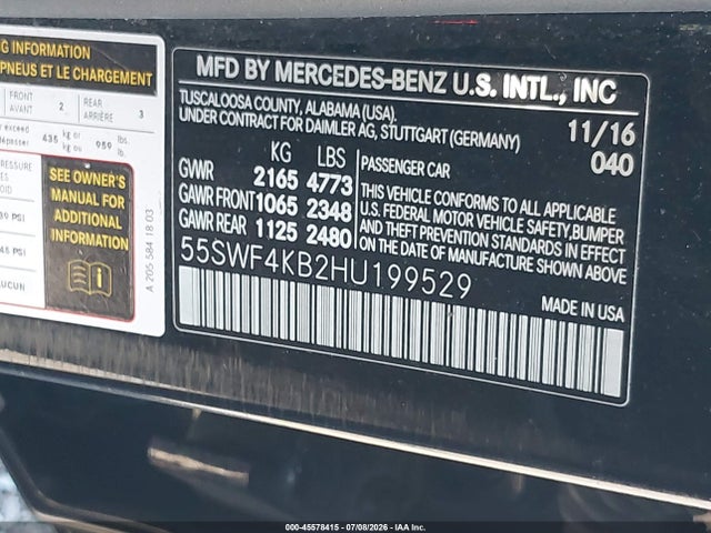 Aukcja sprzedaży 2017 Mercedes-benz C 300 4matic, vin: 55SWF4KB2HU199529, numer aukcji: 45578415