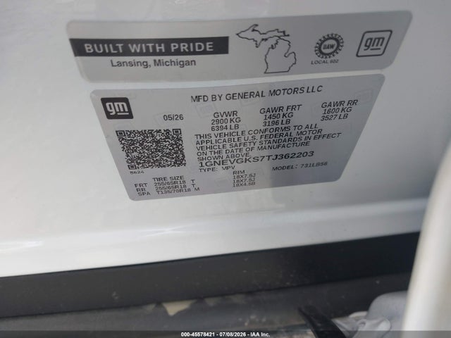 Aukcja sprzedaży 2026 Chevrolet Traverse Awd Lt, vin: 1GNEVGKS7TJ362203, numer aukcji: 45578421