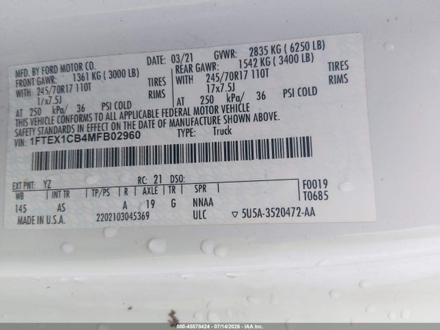 Aukcja sprzedaży 2021 Ford F-150 Xl, vin: 1FTEX1CB4MFB02960, numer aukcji: 45578424