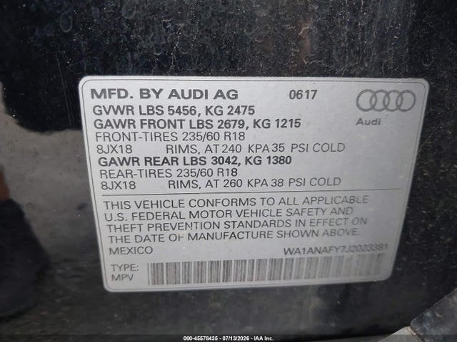 Продаж на аукціоні авто 2018 Audi Q5 2.0t Premium/2.0t Tech Premium, vin: WA1ANAFY7J2023381, номер лоту: 45578435