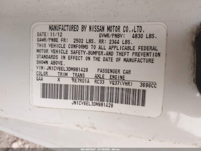Aukcja sprzedaży 2013 Infiniti G37x, vin: JN1CV6EL3DM981429, numer aukcji: 45578437