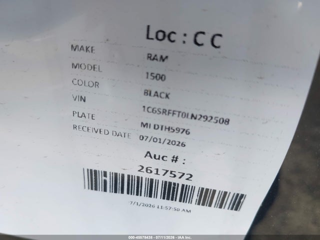 45578438 :رقم المزاد ، 1C6SRFFT0LN292508 vin ، 2020 Ram 1500 مزاد بيع
