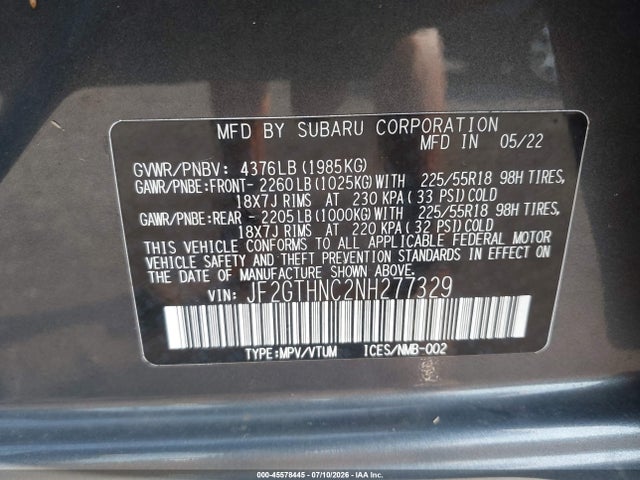 Продажа на аукционе авто 2022 Subaru Crosstrek Limited, vin: JF2GTHNC2NH277329, номер лота: 45578445