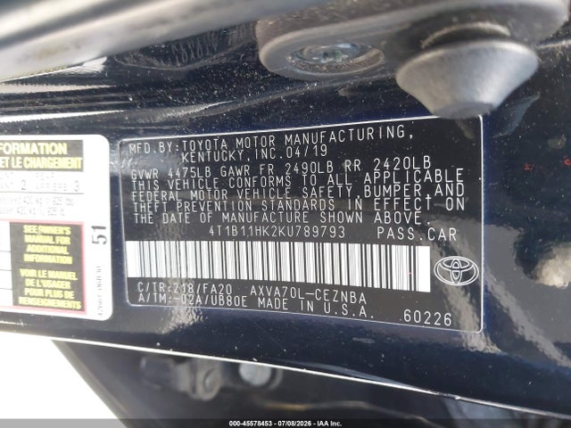 4T1B11HK2KU789793 Toyota CAMRY LE