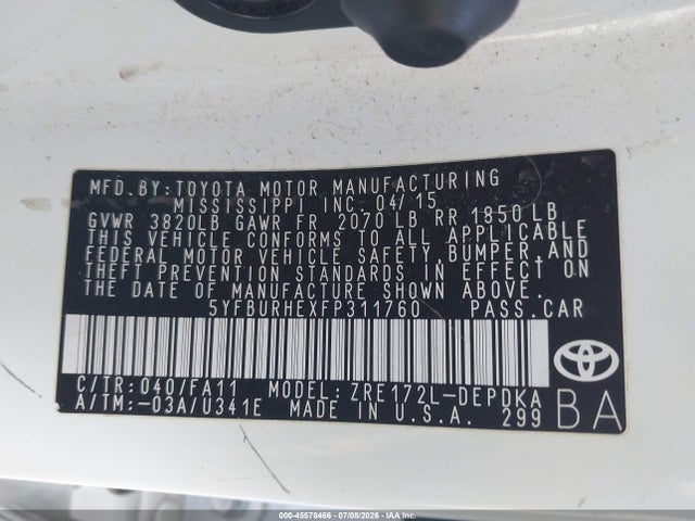 5YFBURHEXFP311760 Toyota COROLLA L