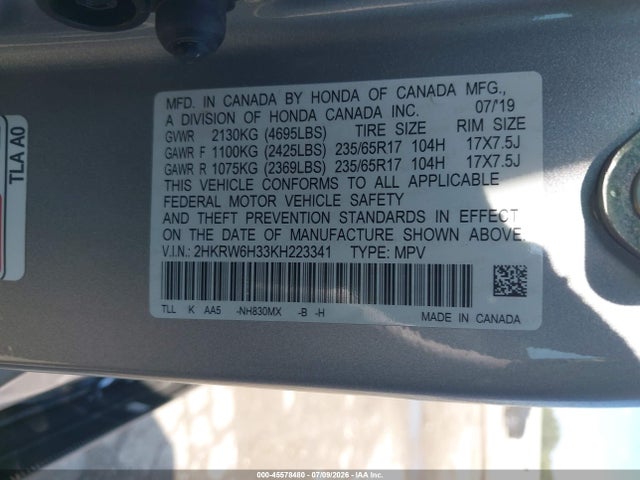 45578480 :رقم المزاد ، 2HKRW6H33KH223341 vin ، 2019 Honda Cr-v Lx مزاد بيع