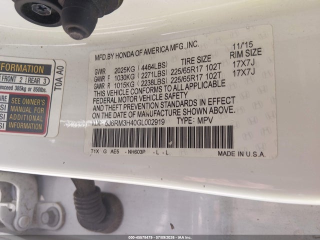 Honda CR-V SE 2016 5J6RM3H40GL002919 Image 9