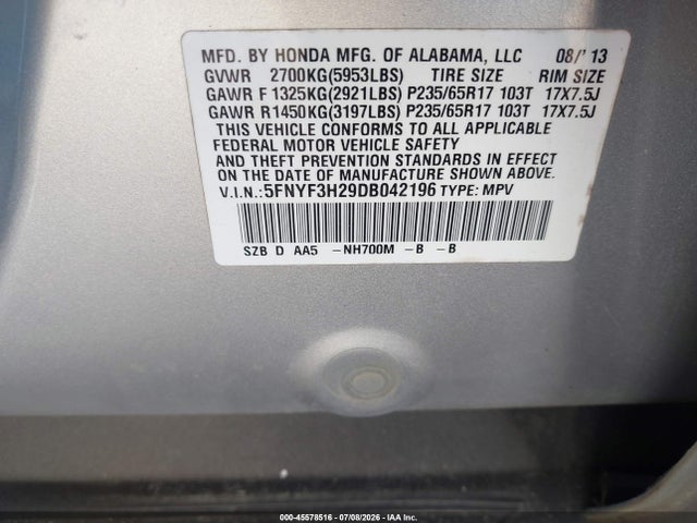 Продаж на аукціоні авто 2013 Honda Pilot Lx, vin: 5FNYF3H29DB042196, номер лоту: 45578516