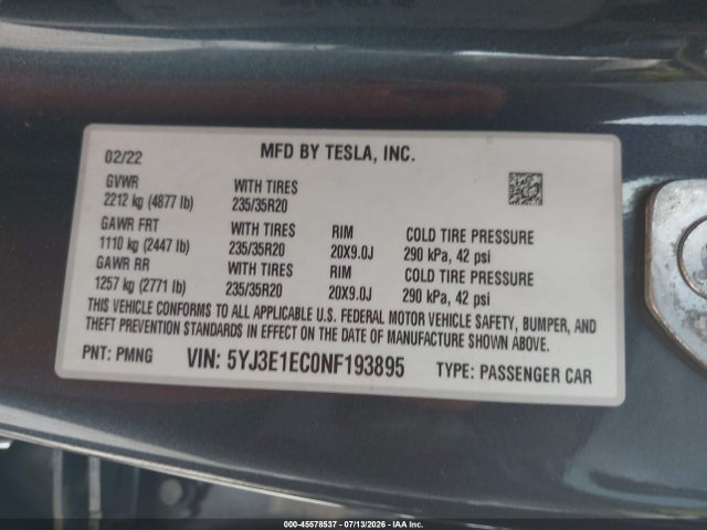 Продаж на аукціоні авто 2022 Tesla Model 3 Performance Dual Motor All-wheel Drive, vin: 5YJ3E1EC0NF193895, номер лоту: 45578537