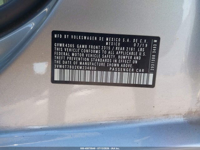2019 Volkswagen Jetta Gli 2.0t 35th Anniversary Edition/2.0t Autobahn/2.0t S მანქანა იყიდება აუქციონზე, vin: 3VW6T7BU2KM234888, აუქციონის ნომერი: 45578549