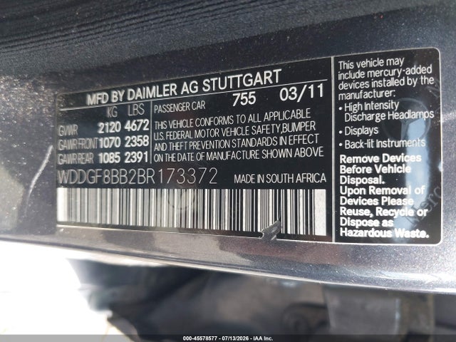 45578577 :رقم المزاد ، WDDGF8BB2BR173372 vin ، 2011 Mercedes-benz C 300 Sport 4matic مزاد بيع