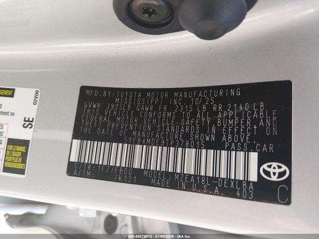 Продажа на аукционе авто 2026 Toyota Corolla Le, vin: 5YFB4MDE9TP378015, номер лота: 45578612