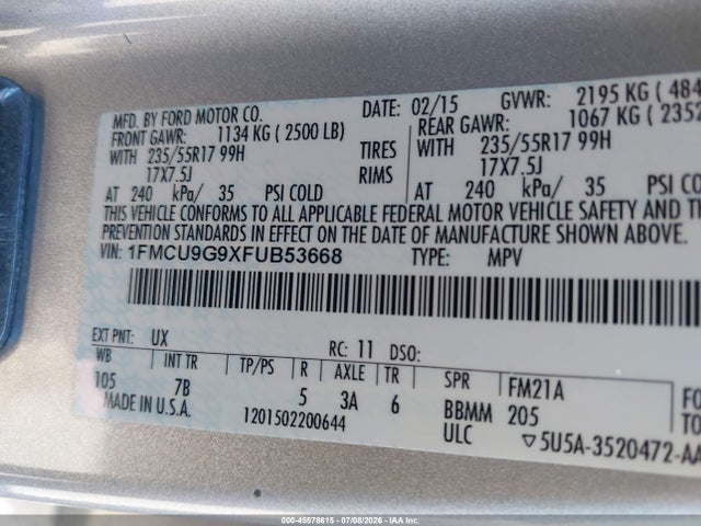 2015 Ford Escape Se მანქანა იყიდება აუქციონზე, vin: 1FMCU9G9XFUB53668, აუქციონის ნომერი: 45578615
