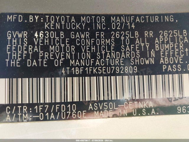 2014 Toyota Camry Le მანქანა იყიდება აუქციონზე, vin: 4T1BF1FK5EU792809, აუქციონის ნომერი: 45578617