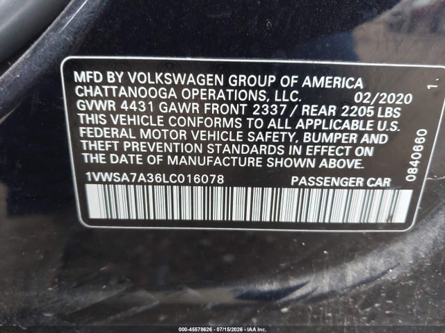 45578626 :رقم المزاد ، 1VWSA7A36LC016078 vin ، 2020 Volkswagen Passat 2.0t Se مزاد بيع
