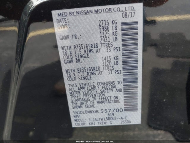 Aukcja sprzedaży 2017 Infiniti Qx60, vin: 5N1DL0MNXHC557700, numer aukcji: 45578628