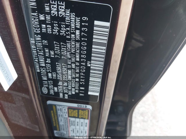 5XYPGDA38GG017319 KIA Sorento 2.4l Lx