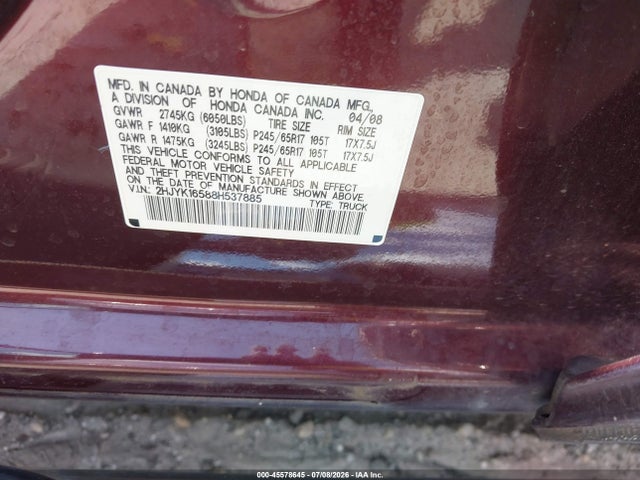 2008 Honda Ridgeline Rtl მანქანა იყიდება აუქციონზე, vin: 2HJYK16588H537885, აუქციონის ნომერი: 45578645